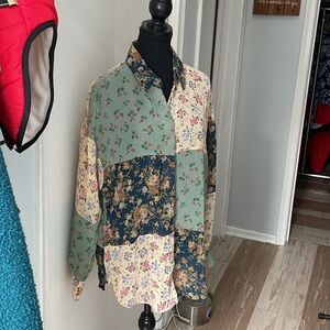 P462. Liz Claiborne Vintage Patchwork Floral Button-Up Blouse - Green Multi